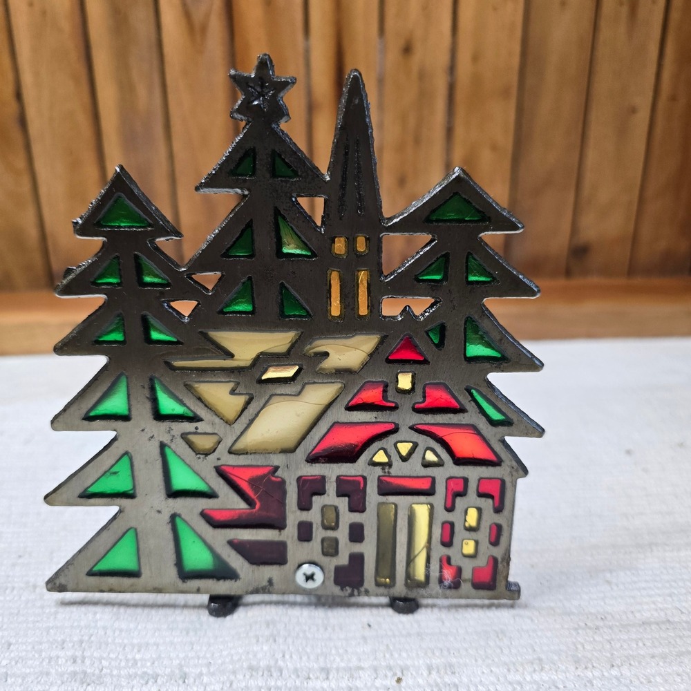 Enesco Vintage Cast Iron Stained Glass Winter Village Tea Light Candle Holder